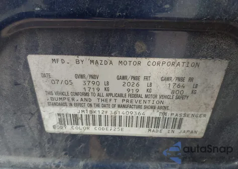 2006 Mazda Mazda3 I from USA, damaged, VIN JM1BK12F361409364